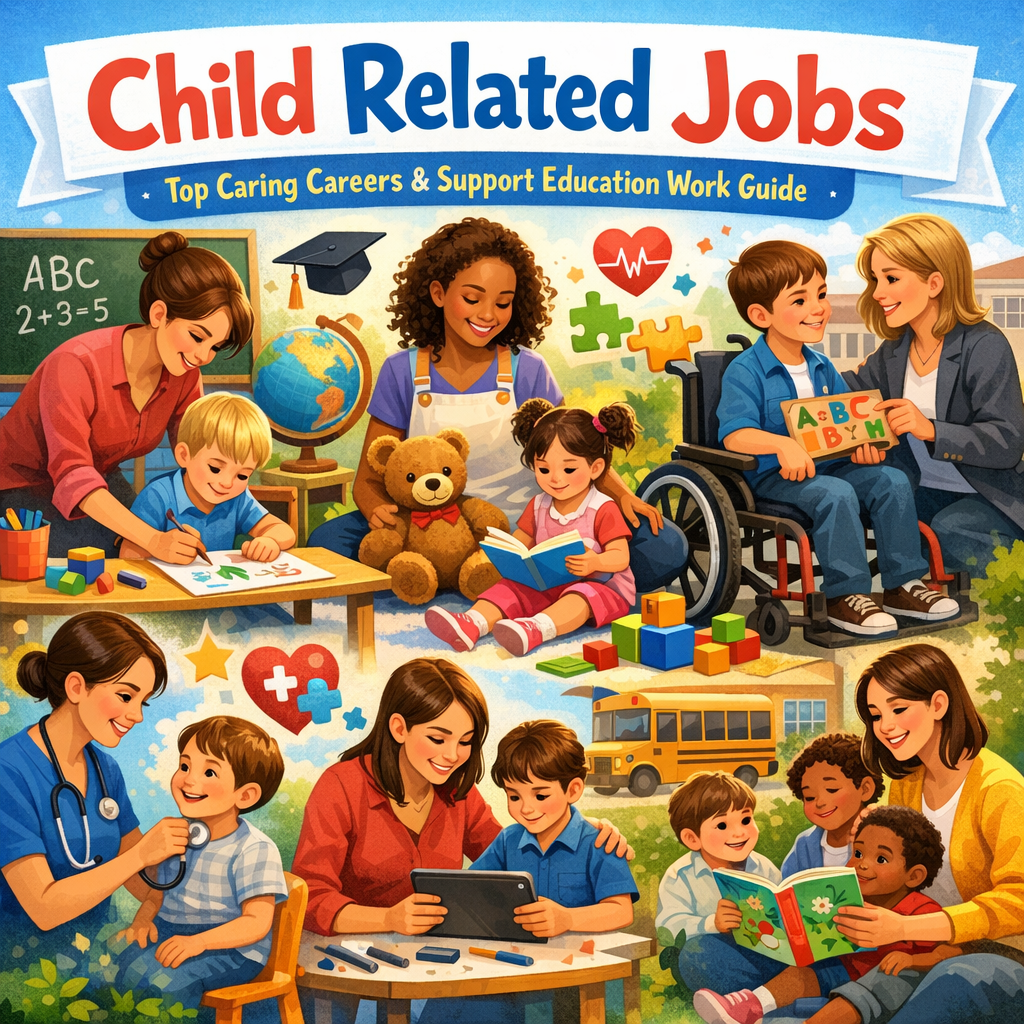 Illustration of Child Related Jobs: Top Caring Careers & Support Education Work Guide