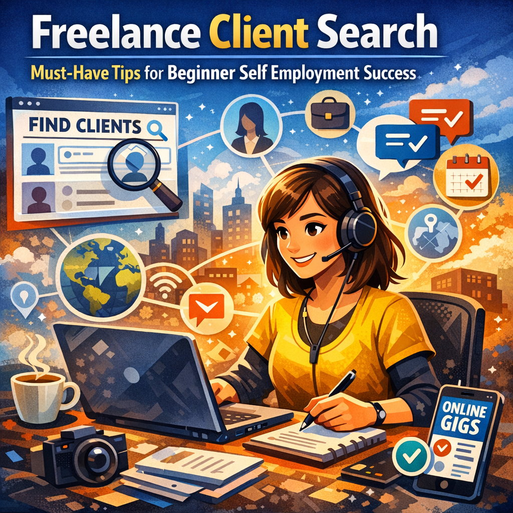 Freelance Client Search: Must-Have Tips for Beginner Self Employment Success Illustration of Freelance Client Search: Must-Have Tips for Beginner Self Employment Success