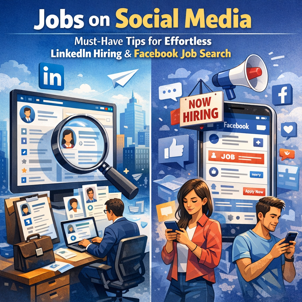 Jobs on Social Media: Must-Have Tips for Effortless LinkedIn Hiring & Facebook Job Search Illustration of Jobs on Social Media: Must-Have Tips for Effortless LinkedIn Hiring & Facebook Job Search