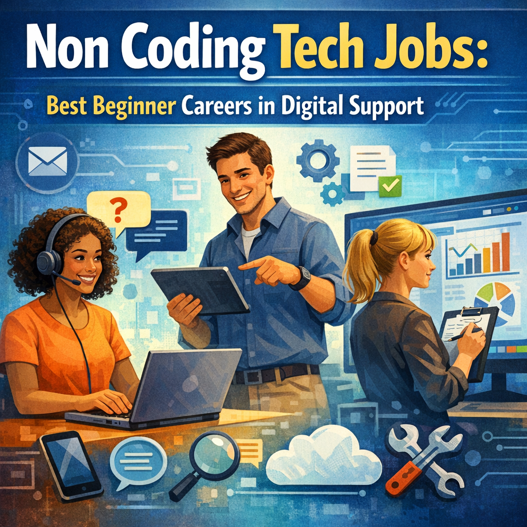 Non Coding Tech Jobs: Best Beginner Careers in Digital Support Illustration of Non Coding Tech Jobs: Best Beginner Careers in Digital Support