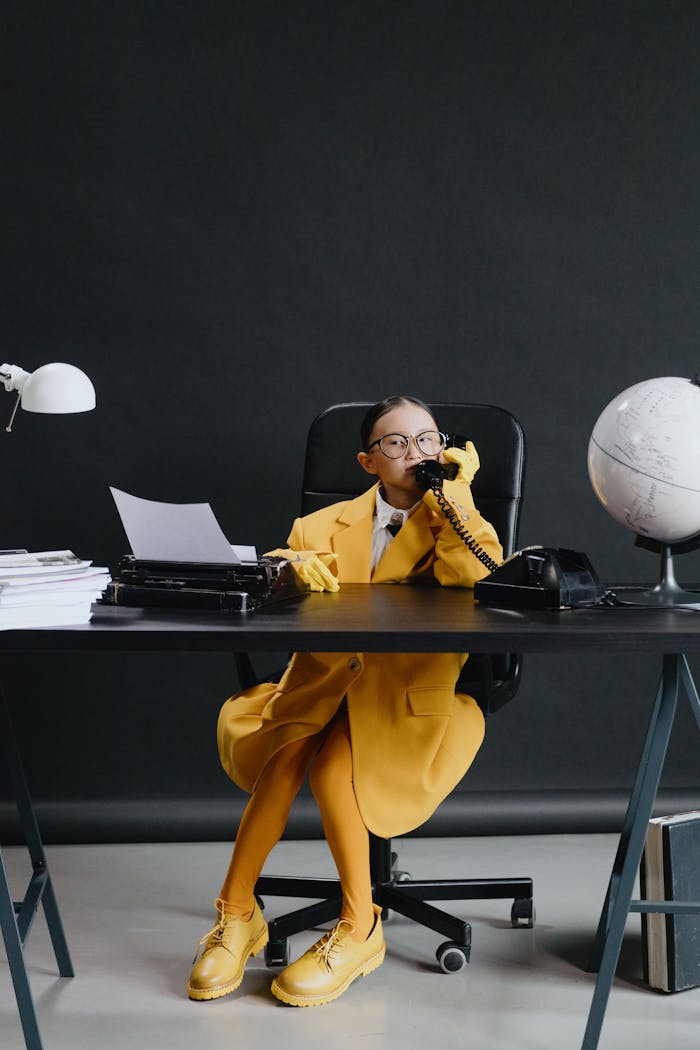 Child wearing a yellow suit speaks on phone at a desk with office supplies.