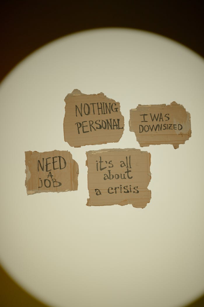 Cardboard signs with messages about job loss and economic crisis, emphasizing unemployment issues.