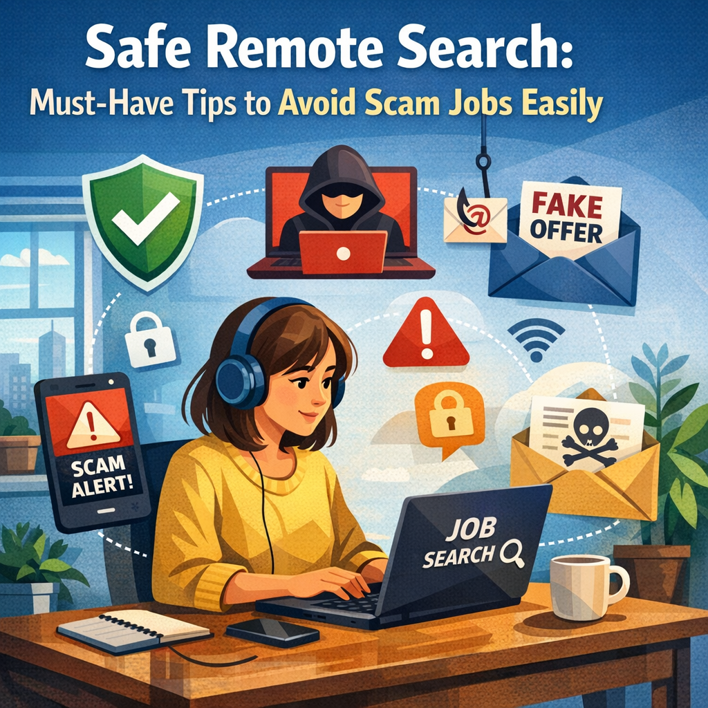 Safe Remote Search: Must-Have Tips to Avoid Scam Jobs Easily Illustration of Safe Remote Search: Must-Have Tips to Avoid Scam Jobs Easily