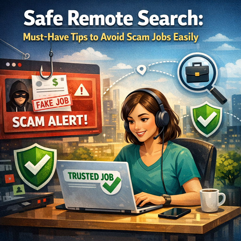 Safe Remote Search: Must-Have Tips to Avoid Scam Jobs Easily Illustration of Safe Remote Search: Must-Have Tips to Avoid Scam Jobs Easily